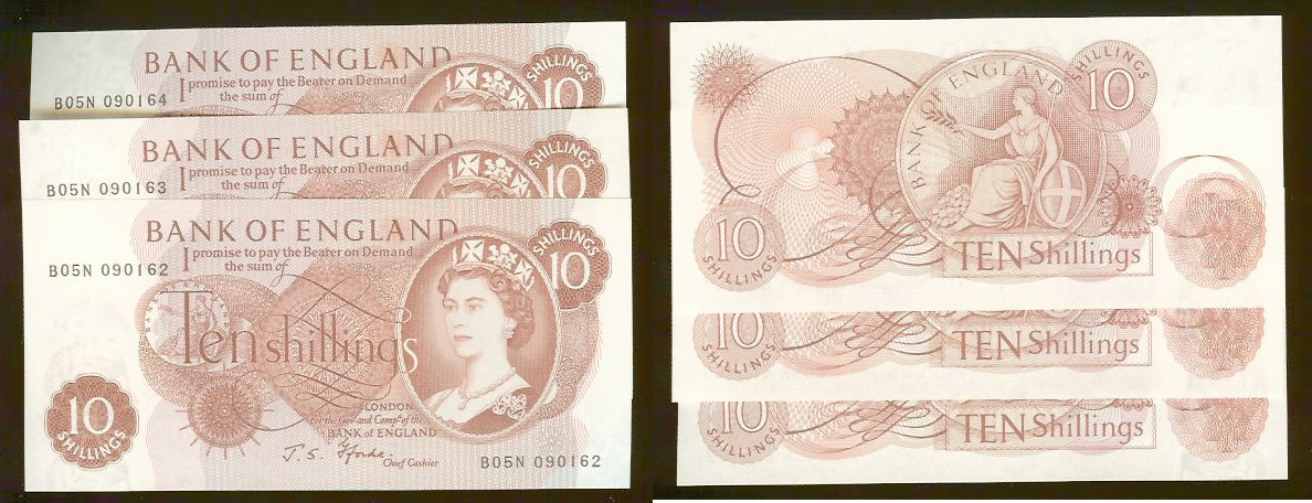 English 10 shillings Fforde 1966-1970 3X NEW